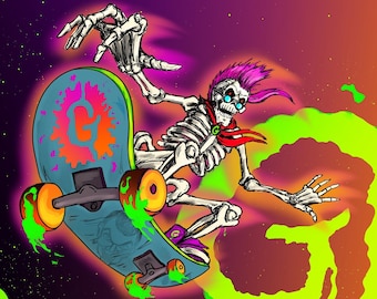 Curly the Skeleton Skateboarding chair de poule 11 x 17