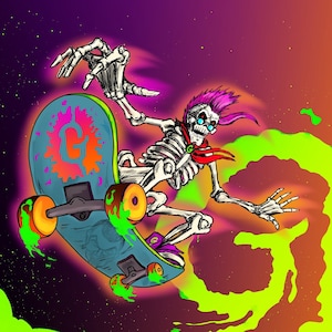 Curly the Skeleton Skateboarding Goosebumps Print 11 x 17