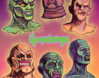 Puede incluir: Una ilustración digital de seis caras de monstruos diferentes con fondos verdes, morados y naranjas. El texto "Goosebumps" está escrito en letras verdes en el centro de la imagen.