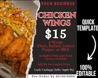 Bearbeitbares Menü | DIY Food Flyer - Canva Editierbare Vorlage - Mahlzeiten Süßigkeiten Dessert Supper Special Wings