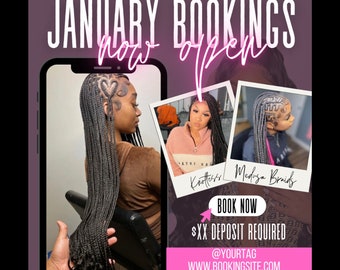January Book Now Hair Flyer | DIY Instagram Flyer - Canva Editable Template - Hair Stylist Braider Makeup Salon Appointments Sale Bookings