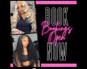 May include: Black and pink flyer with the text "BOOK Bookings Open NOW" in white and pink. The flyer includes two images of women with long hair. The bottom of the flyer says "EDITABLE CanvaTEMPLATE" and "Book Now Flyer".