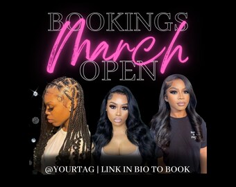 Könnte beinhalten: Eine schwarze und rosafarbene Grafik mit dem Text "BOOKINGS March OPEN" in Rosa. Die Grafik enthält auch den Text "@YOURTAG | LINK IN BIO TO BOOK" und "EDITABLE Canva TEMPLATE". Am unteren Rand der Grafik steht der Text "Shay Butta Shay Butta Branding" und "March Bookings".