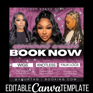 Flyer de peluquería rosa "Reserva ya" / Flyer de Instagram "Hazlo tú mismo" - Plantilla editable de Canva - Citas para peluquería, trenzado, maquillaje, salón, venta y reservas