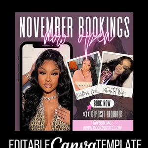 Noviembre Reserve ahora Hair Flyer / DIY Instagram Flyer - Plantilla editable Canva - Estilista Braider Maquillaje Salón Citas Reservas de venta