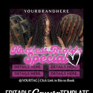 Flyer de tranças sem nós | Flyer do Instagram faça você mesmo - Modelo editável do Canva - Cabeleireiro Braider Salão de maquiagem Agendamentos Venda Reservas