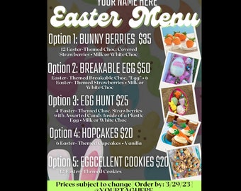 Editable Easter Menu | DIY Food Flyer - Canva Editable Template - Baker Sweets Treats Food Strawberries Cupcakes Cakes Bunny Egg Cookies