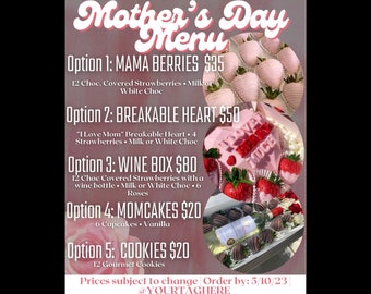 Editable Mother’s Day Menu | DIY Food Flyer - Canva Editable Template - Baker Bakery Sweets Strawberries Cupcakes Cakes Candy Price List