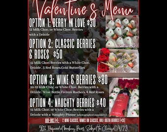 Editable Valentine’s Menu | Instant DIY Food Flyer Canva Editable Template - Instagram Facebook Desserts Bakery Strawberries Chocolate Roses