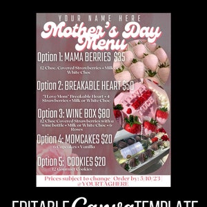 Bearbeitbares Muttertagsmenü | DIY Food Flyer - Canva Editierbare Vorlage - Bäcker Bäckerei Süßigkeiten Erdbeeren Cupcakes Kuchen Süßigkeiten Preisliste