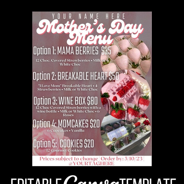 Editable Mother’s Day Menu | DIY Food Flyer - Canva Editable Template - Baker Bakery Sweets Strawberries Cupcakes Cakes Candy Price List