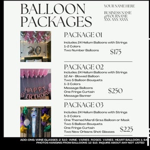 Puede incluir: Una plantilla Canva rosa y blanca para paquetes de globos. La plantilla incluye tres paquetes diferentes con diferentes cantidades de globos, colores y complementos. Los paquetes tienen un precio de 175 €, 250 € y 225 €. La plantilla es 100 % editable e incluye el texto "¡Plantilla rápida!" y "Plantilla Canva editable".