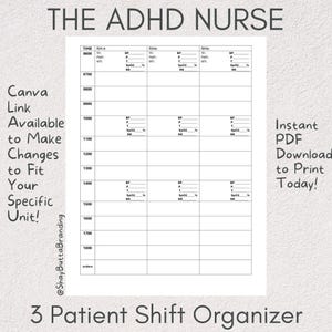 May include: A white printable 3-patient shift organiser with the text "THE ADHD NURSE" at the top. The organiser includes sections for time, vital signs, and notes. Text on the image includes "Canva Link Available" and "Instant PDF Download".