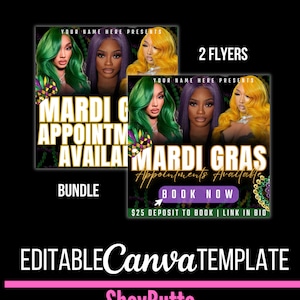 Puede incluir: Un paquete de dos folletos con temática de Mardi Gras, con imágenes de mujeres con cabello colorido. Los folletos incluyen el texto "Mardi Gras Appointments Available" y "Book Now". La plantilla es editable en Canva.