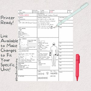 May include: A printable medical chart form with a white background and black text. The form includes sections for patient information, allergies, diagnosis, and vital signs. The form also includes a diagram of a human body with markings for various body systems.