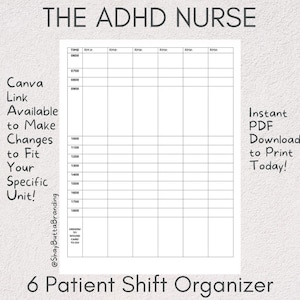 Könnte beinhalten: Ein weißes, druckbares PDF des 6-Patienten-Schichtplaners mit dem Text "THE ADHD NURSE". Der Organizer enthält Zeitfenster und Platz für Patienteninformationen. Der Text links lautet "Canva-Link verfügbar, um Änderungen an Ihrer spezifischen Einheit vorzunehmen!"