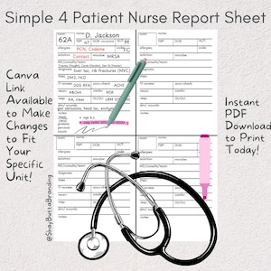 Op de afbeelding: Een verpleegkundig rapportblad met secties voor patiëntinformatie, medische geschiedenis en notities. De afbeelding bevat een stethoscoop, een roze markeerstift en een groene pen. De tekst bevat "Simple 4 Patient Nurse Report Sheet" en "Instant PDF Download to Print Today!"