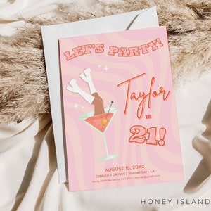 21 lässt Geburtstag feiern Evite Vorlage, 21st Disco Cocktail bearbeitbare Einladung, Geburtstagsfeier-Einladung, Boho-Chic-Einladung,