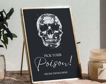 Halloween Drinks Sign, Pick your poison, Disco Skull Bar Menu Pink, Halloween House Party, Retro Disco Halloween Drinks Menu,