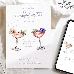 Verjaardag cocktailsjabloon, een cocktail of twee uitnodigen, bloem cocktail drankjes uitnodiging bewerkbare canvassjabloon, direct downloaden, DIY Canva
