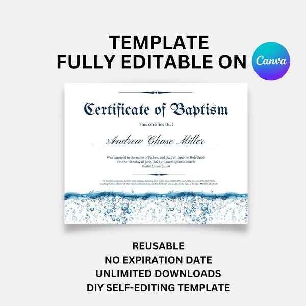 Editable Baptism Certificate Template, Printable Custom Water Baptism Christening Template, Personalized Water Baptism Certificate Template
