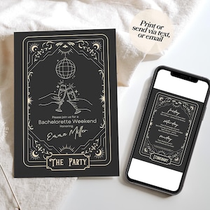 Itinerario de fin de semana de despedida de soltera con tarot, plantilla de fin de semana de despedida de soltera con tarot, plantilla de astrología celestial para despedida de soltera, plantilla de Canva para hacer tú mismo