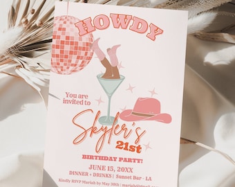 Plantilla para fiesta de cumpleaños número 21 de vaquera de Howdy Martini, invitación editable de Howdy, invitación para celebración de cumpleaños de vaquera, invitación occidental