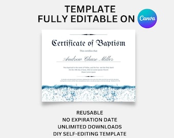 May include: A blue and white printable certificate template for a baptism ceremony. The template features a decorative border with water droplets and the text "Certificate of Baptism". The text "This certifies that" is followed by a line for the name of the person being baptized. The text "Was baptized in the name of Father, and the Son and the Holy Spirit" is followed by a line for the date of the baptism. The text "Pastor Lorem ipsum" is followed by a line for the name of the pastor. The template is fully editable on Canva.
