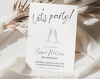 Champagne Birthday Invite, Champagne Birthday Template, Champagne Elegant Editable template Card,