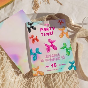 Ballon Hund Geburtstagseinladung - Kinder Party einladen, bearbeitbare Vorlage, lustige Ballon Tierthema, digitaler Download, druckbare Geburtstagskarte