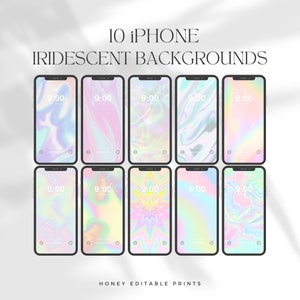 May include: Ten iPhone mockups displaying iridescent backgrounds with a variety of patterns. The mockups show the time as 9:00.