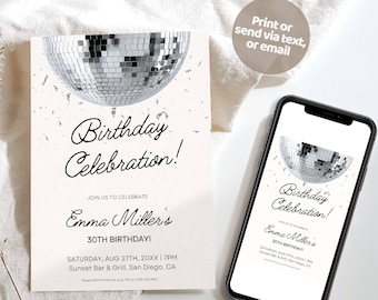 Disco Birthday Invitation, disco 30 40 50 bday, disco Simple Printable Black White Minimalist Invite, Editable Digital Download Template,