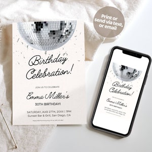 Disco Birthday Invitation, disco 30 40 50 bday, disco Simple Printable Black White Minimalist Invite, Editable Digital Download Template,
