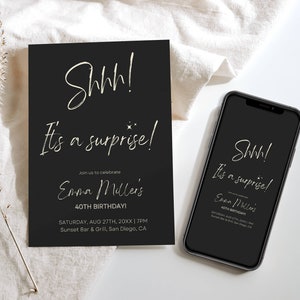 Birthday Surprise Party Invitation, Printable Black and White Minimalist Invite, Editable Digital Download Template,