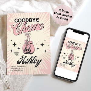 Auf Wiedersehen Chemo Party, Rosa Boxeinladung, Rosa Boxhandschuhe, Retro Pink Boxfeier, DIY bearbeitbare Vorlage, Canva-Vorlage