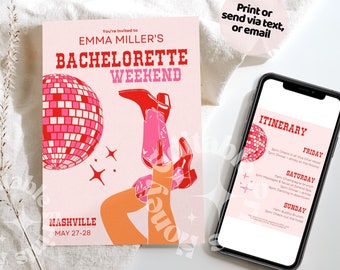 Disco Cowgirl Bachelorette Weekend Itinerary, Bachelorette Weekend Template, Disco Cowgirl Bachelorette Template, Retro Invitation,