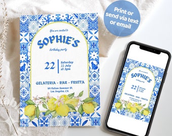 Zitronenblaue Fliese Einladungsvorlage, Zitrone bearbeitbare Einladung, Positano Blaue Kachel Party einladen, mediterran, italienischer Sommer Sizilien