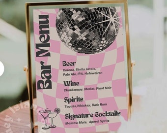 Disco Bar Menu Template, Trendy Retro Disco Drinks Menu Template, Disco Bachelorette Bar Menu Template