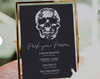 Halloween Signature Drinks Menu, Pick your poison, Disco Skull Bar Menu Pink, Halloween House Party, Retro Disco Halloween Drinks Menu,