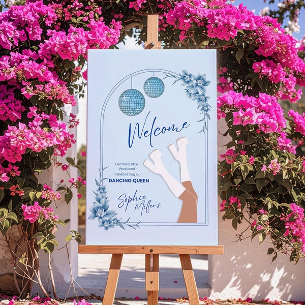 Plantilla de letrero de bienvenida para despedida de soltera Mamma Mia, pancarta de fiesta de despedida de soltera Honey Honey, pancarta de fiesta Dancing Queen, letrero de despedida de soltera Disco