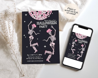 Cowgirl Skeleton Halloween Party Invitation, Disco Halloween Costume Party Invite, Skull Halloween, Printable, Text Invitation, DIY TEMPLATE