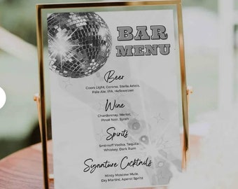 Disco Signature Drinks Menu,Disco Bar Menu Black & White, Disco Bachelorette Party, Retro Disco Drinks Menu,  Stayin&#39; Alive,