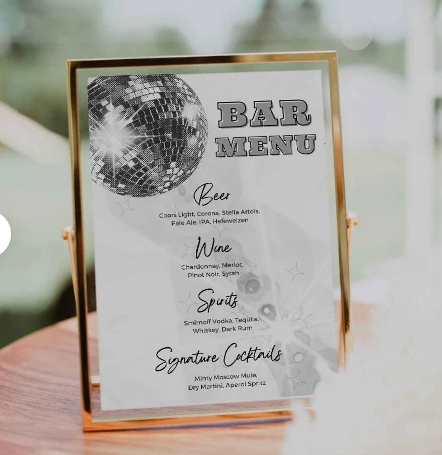 Disco Bar Menu Wedding Retro Bar Menu Sign Disco Ball Bar 