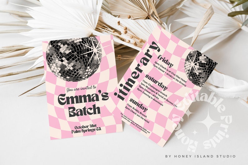 Disco Bachelorette Weekend Itinerary, Disco Bachelorette Weekend Template, Disco Ball Pink Bachelorette Template, Disco Invitation