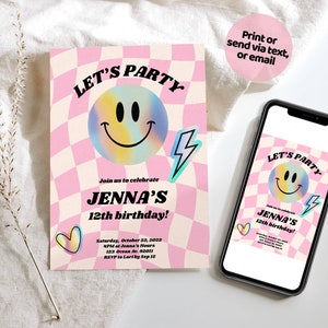 May include: Pink and white checkered birthday party invitation with a holographic smiley face, lightning bolt, and heart. The text reads "Let's Party" and "Jenna's 12th birthday!" with details for the party.