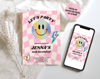 Plantilla de cumpleaños con sonrisa, invitación de cumpleaños retro de moda, plantilla de invitación de cumpleaños para adolescentes, digital