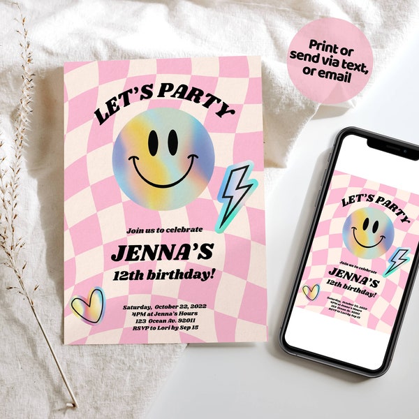 Smile Birthday Template, Trendy Retro Birthday Invitation, Teen Girls Birthday Invite Template