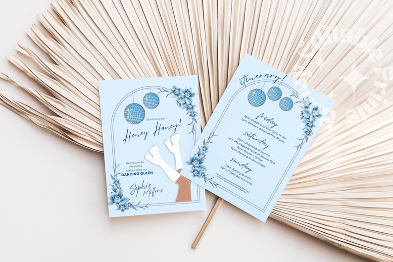 May include: A blue and white invitation card with a floral design and a disco ball theme. The text on the card reads "She found her Honey Honey!" and "Dancing Queen".
