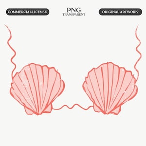 May include: A pink seashell bra illustration with wavy lines. The image has the text "COMMERCIAL LICENSE", "PNG TRANSPARENT", and "ORIGINAL ARTWORK".