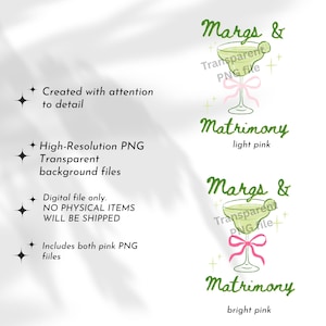 May include: Digital file featuring two margarita glasses with the text "Margs & Matrimony." One glass has a light pink bow, the other a bright pink bow. The image includes text about the digital file.